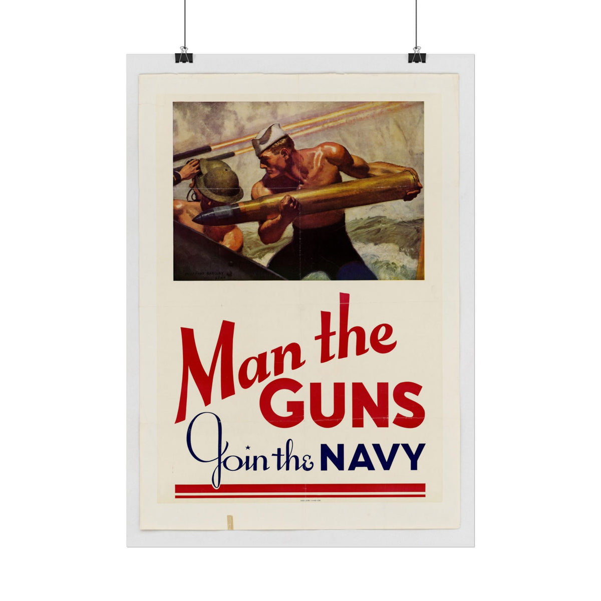 "Man the Guns – Join the Navy" WWII American poster in a room setting