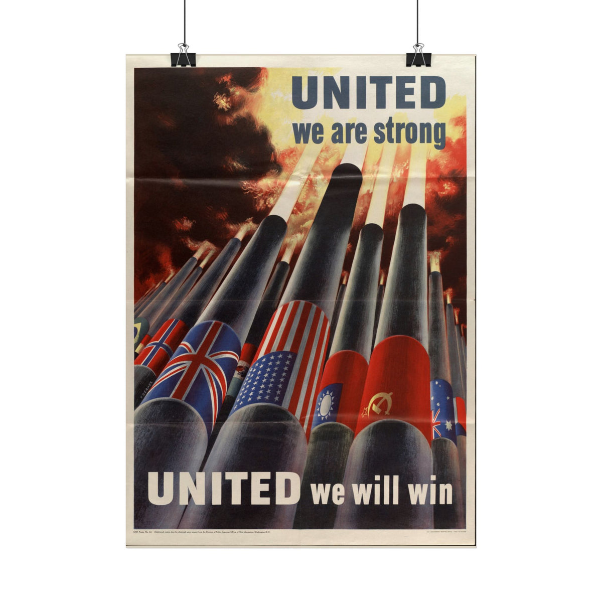 "United We Are Strong – United We Will Win" WWII American poster shown as wall art
