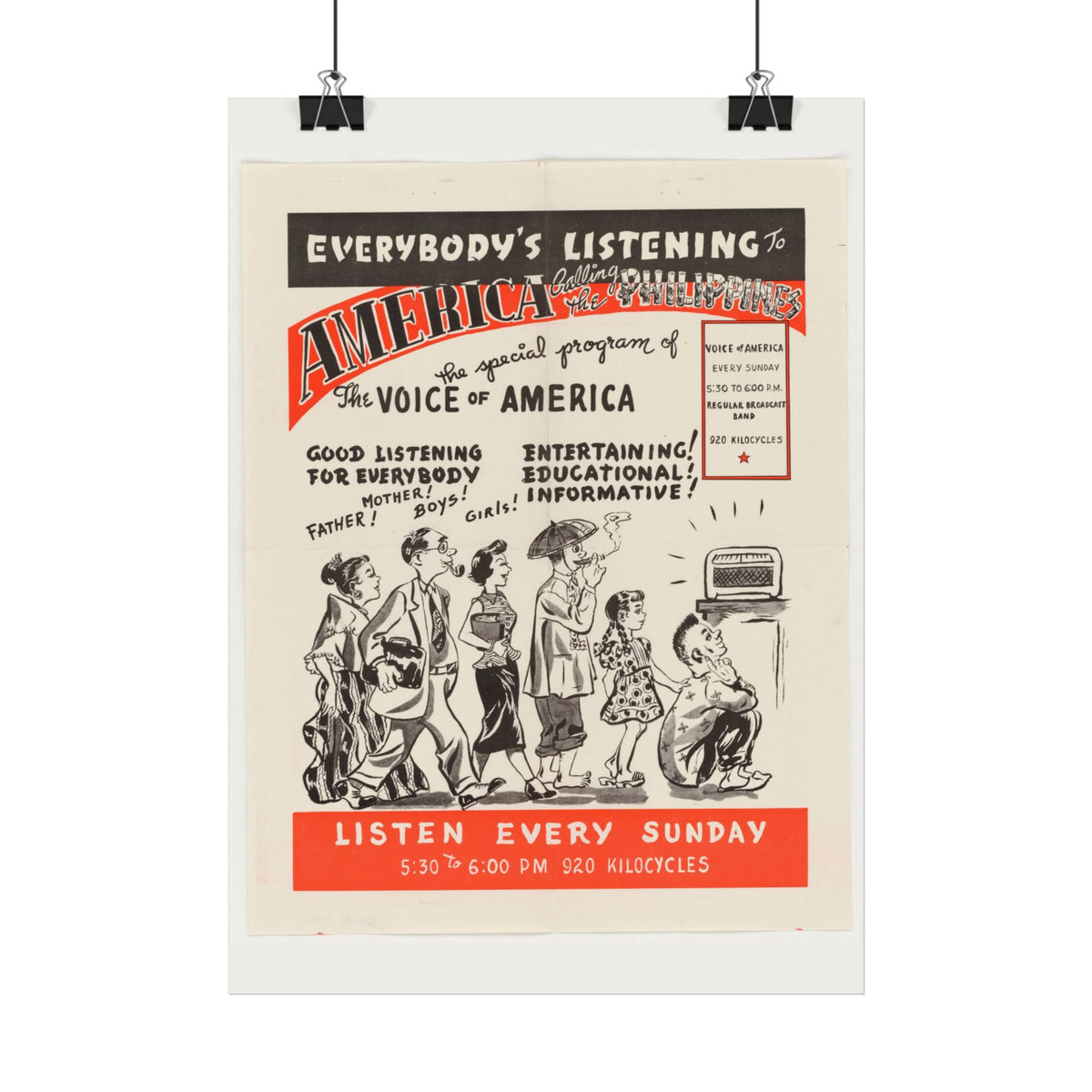 "Everybody's Listening to America!" Cold War Voice of America poster in a room setting