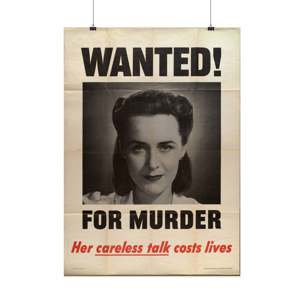 "Wanted! For Murder – Her Careless Talk Costs Lives" WWII American poster – interior mockup 3