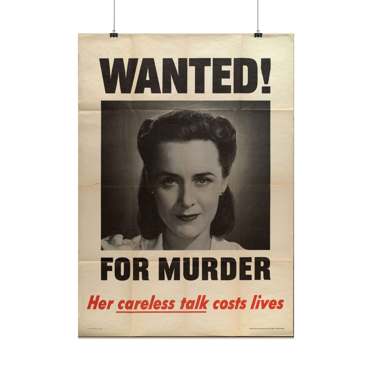 "Wanted! For Murder – Her Careless Talk Costs Lives" WWII American poster – interior mockup 4