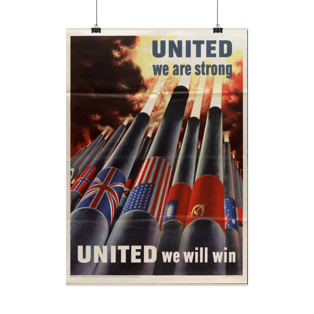 "United We Are Strong – United We Will Win" WWII American poster in a room setting