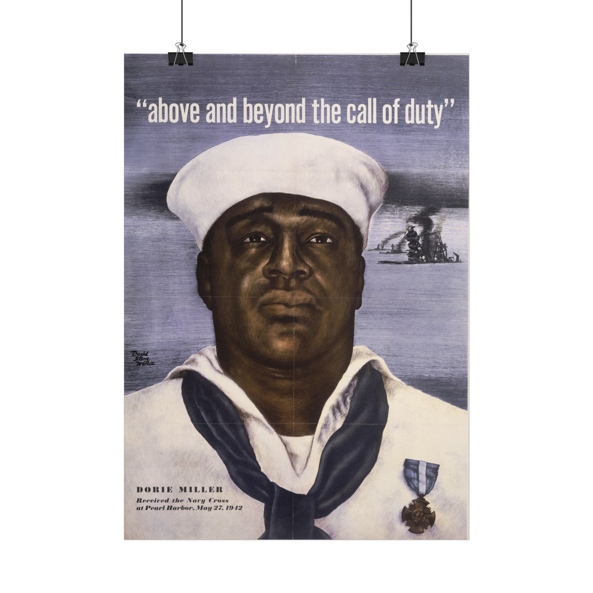 "Above and Beyond the Call of Duty" Dorie Miller WWII poster shown as wall art