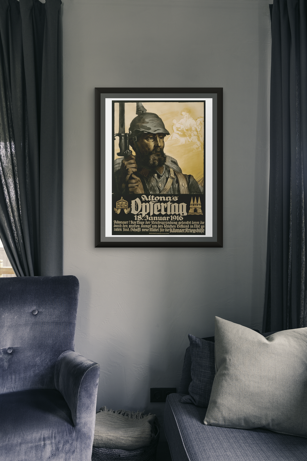 "Altona's Sacrifice – Remember the Fallen" WWI German poster in a room setting