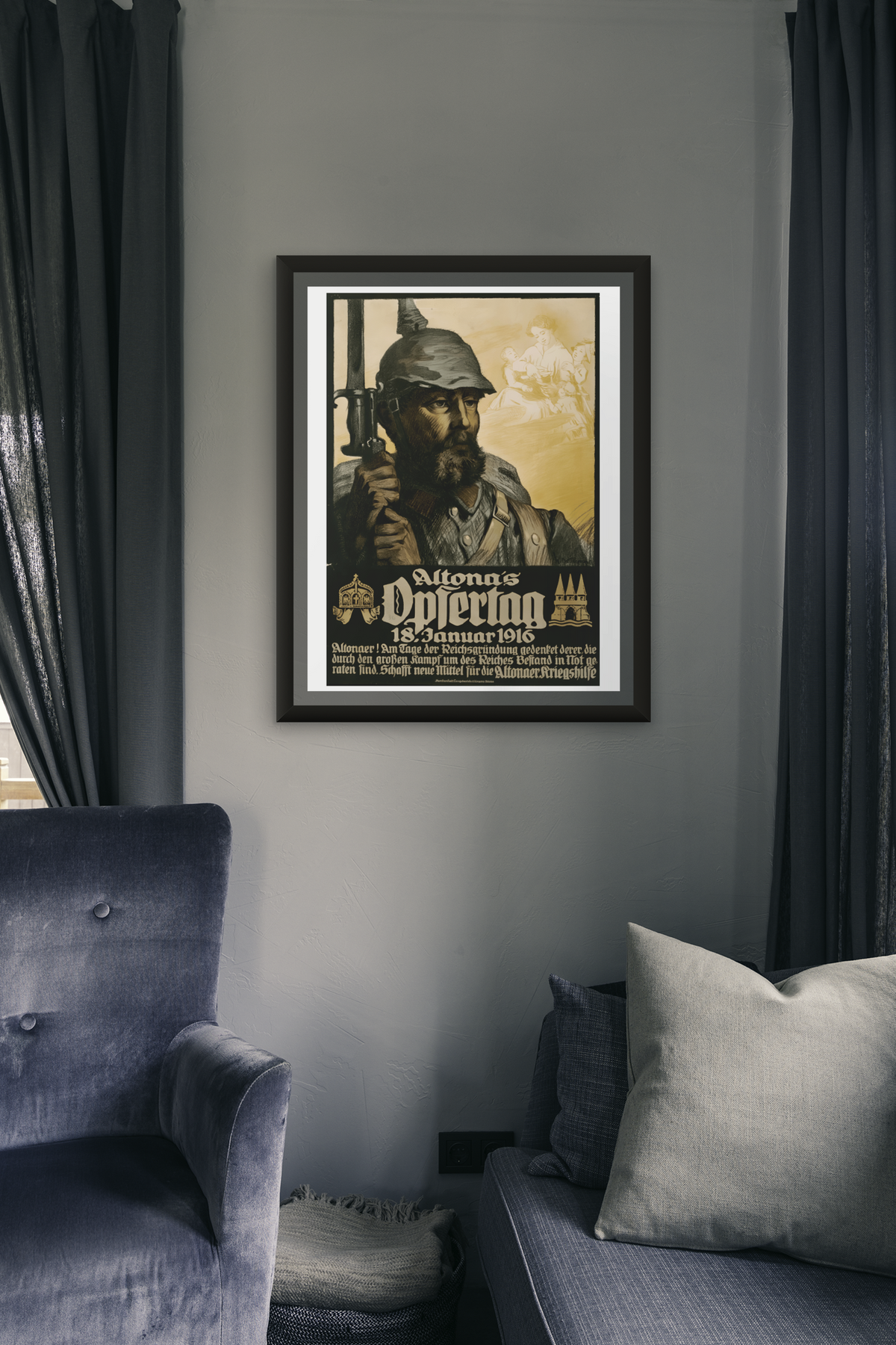 "Altona's Sacrifice – Remember the Fallen" WWI German poster in a room setting