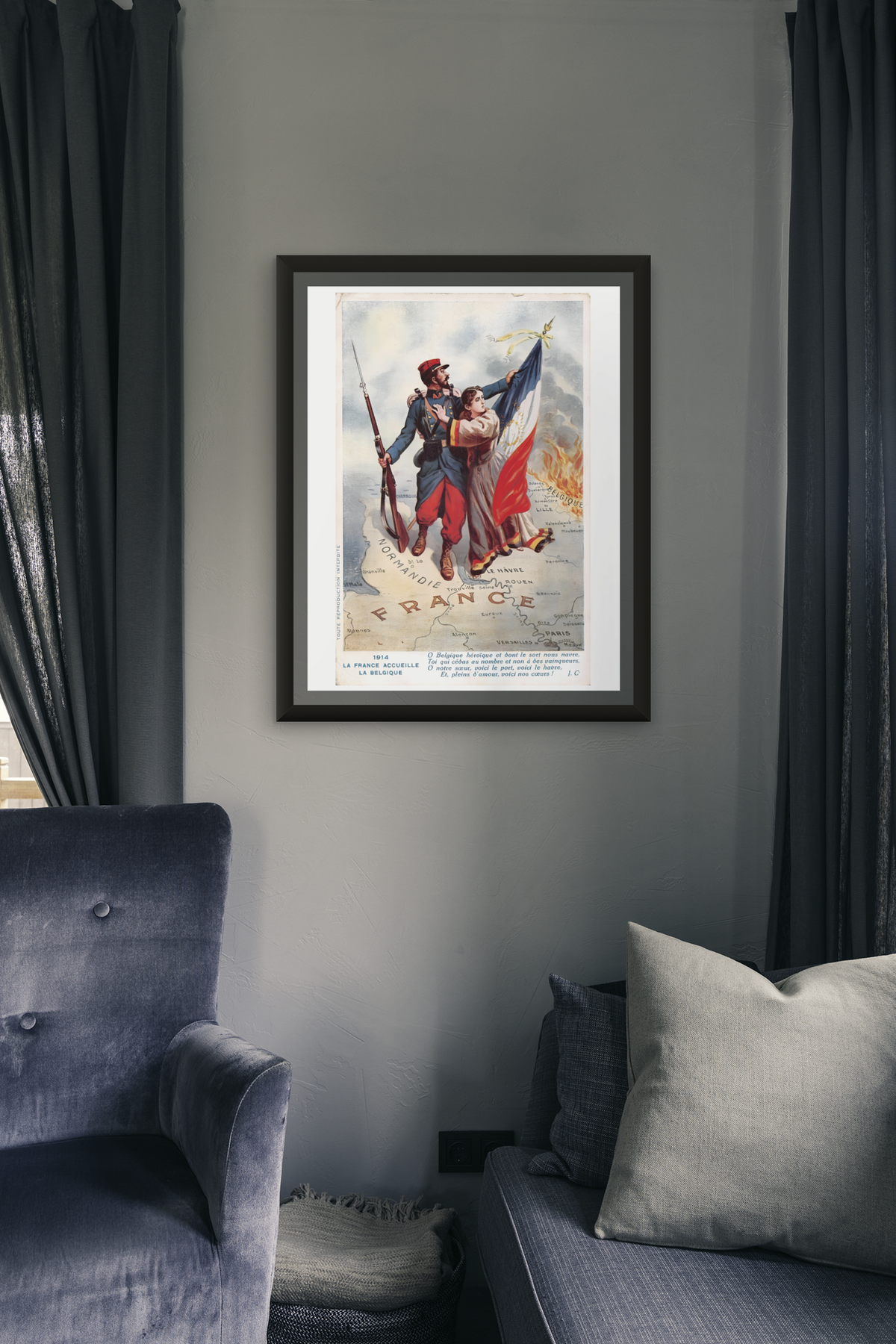 "O Heroic Belgium, Whose Fate Grieves Us" WWI French poster in a room setting