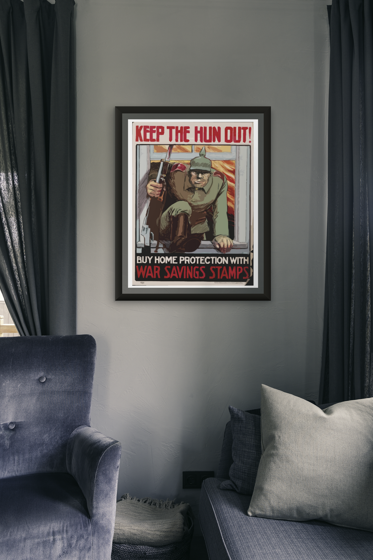 "Keep the Hun Out" WWI American poster in a room setting