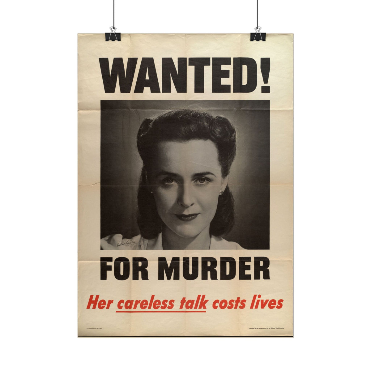"Wanted! For Murder – Her Careless Talk Costs Lives" WWII American poster shown as wall art
