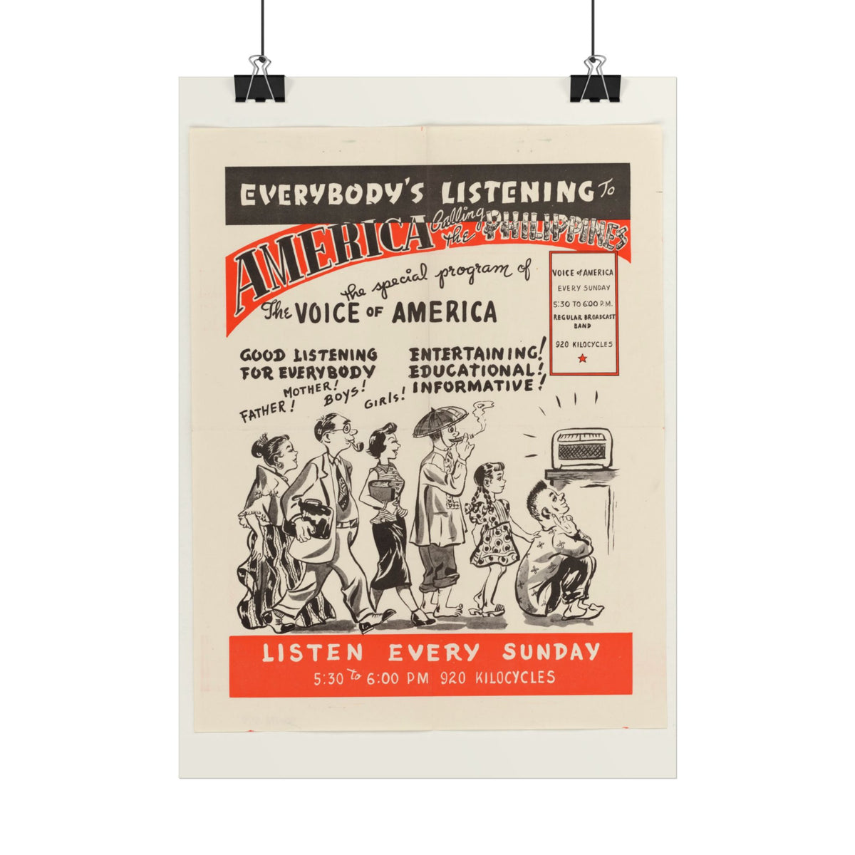"Everybody's Listening to America!" Cold War Voice of America poster – interior mockup 2