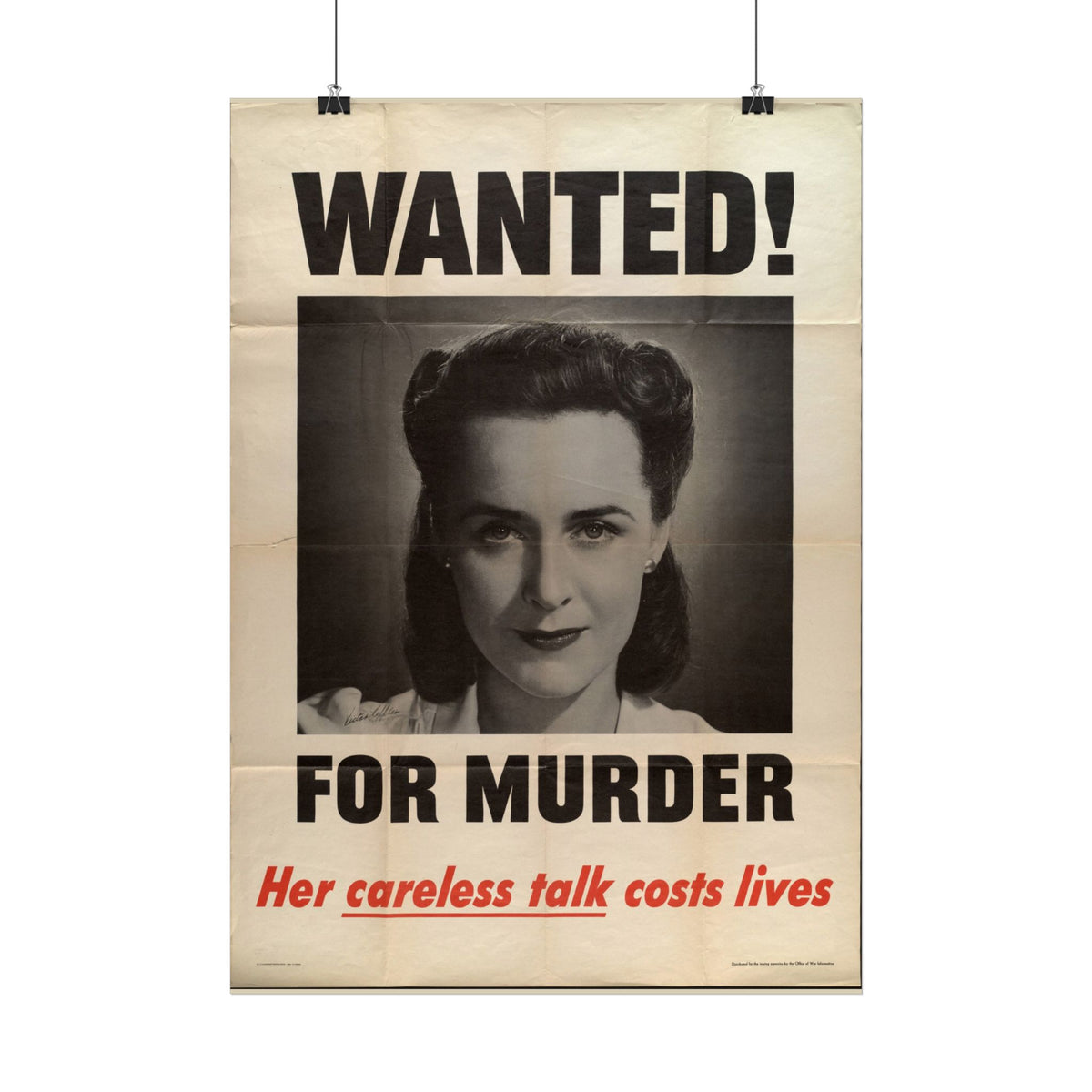 "Wanted! For Murder – Her Careless Talk Costs Lives" WWII American poster in a room setting