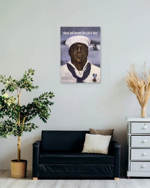 "Above and Beyond the Call of Duty" poster on a living room wall