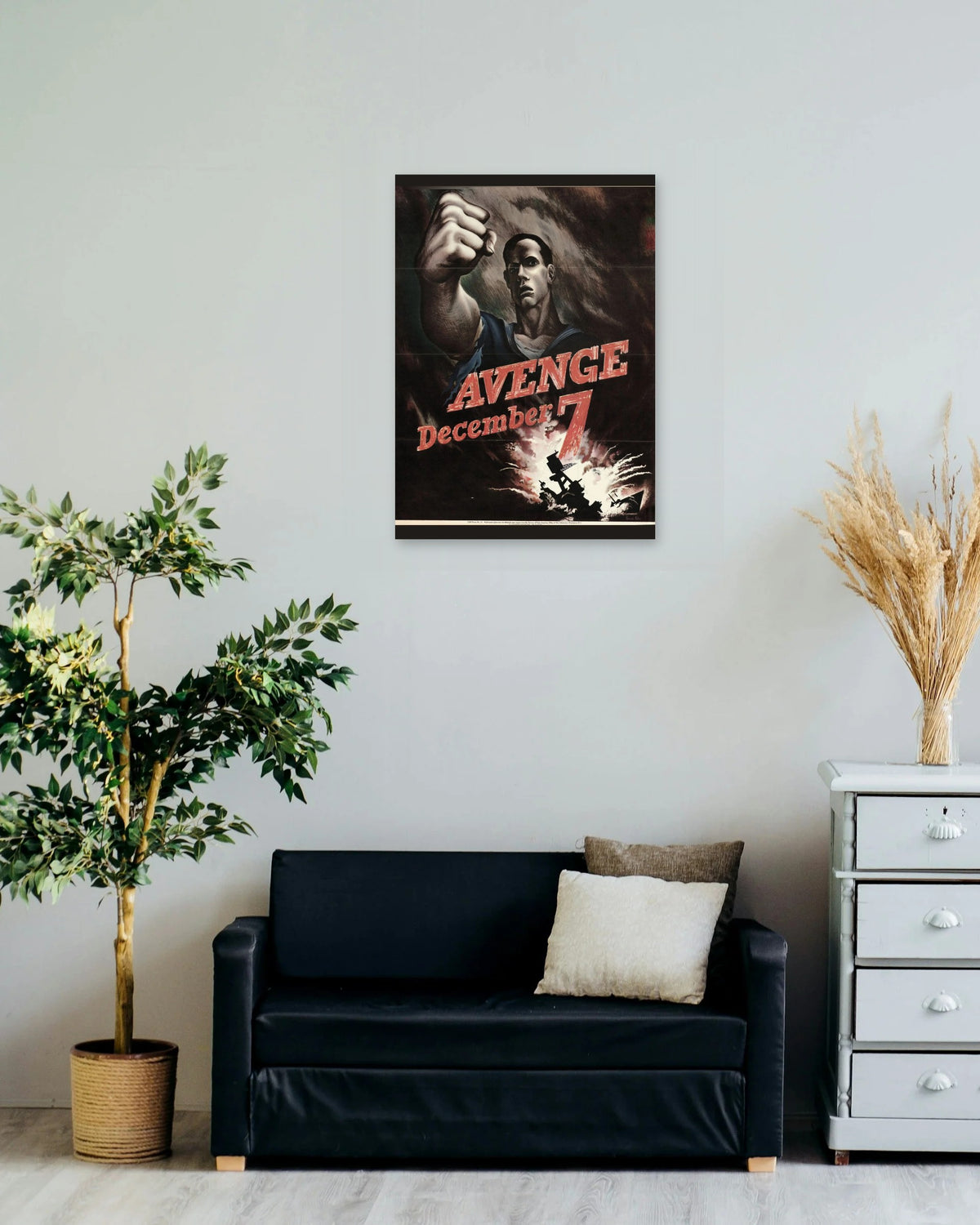 "Avenge December 7" poster on a living room wall