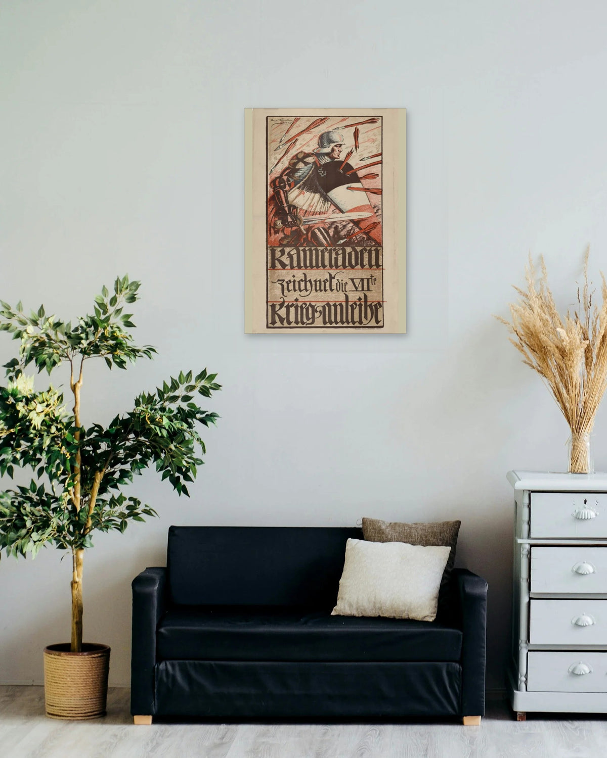 "Comrades, Subscribe to the 7th War Loan" poster on a living room wall