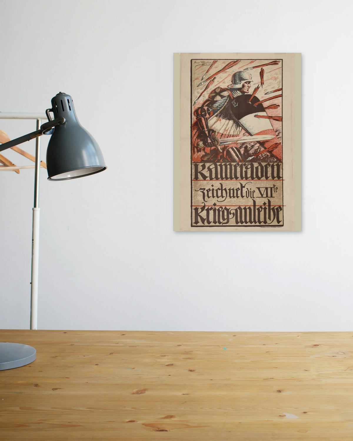 "Comrades, Subscribe to the 7th War Loan" poster above a wooden desk