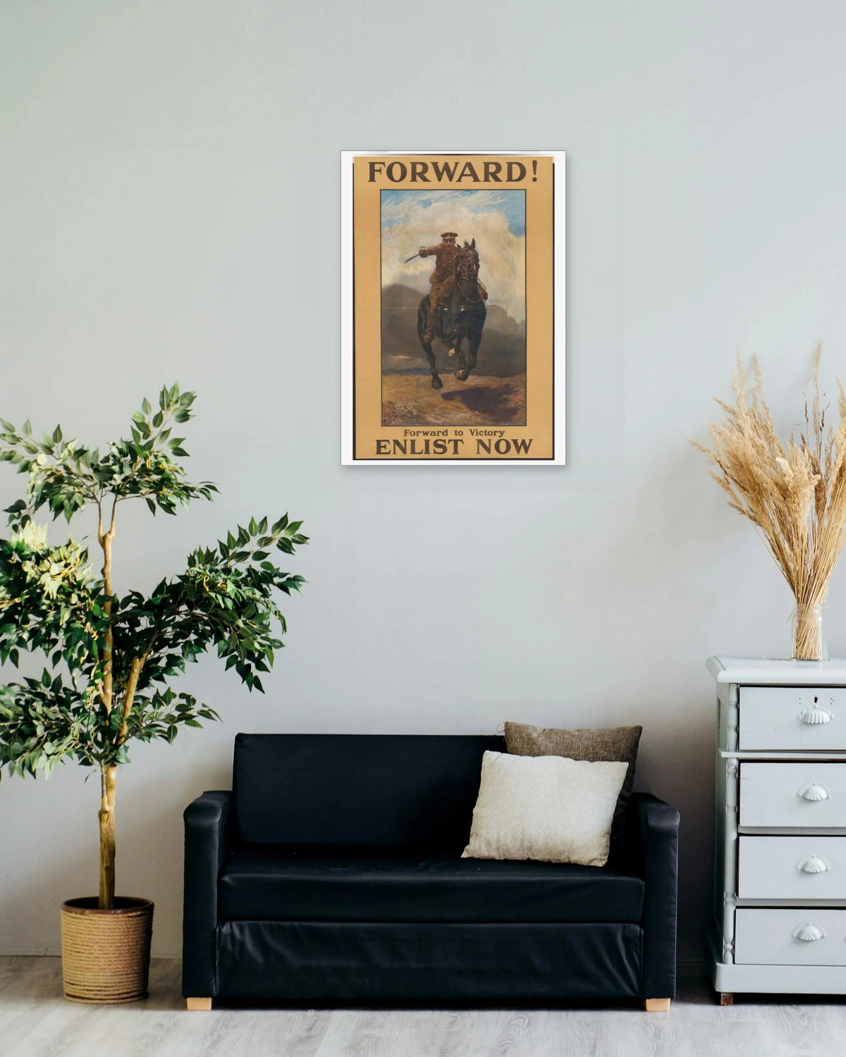 "Forward! Enlist Now" poster on a living room wall