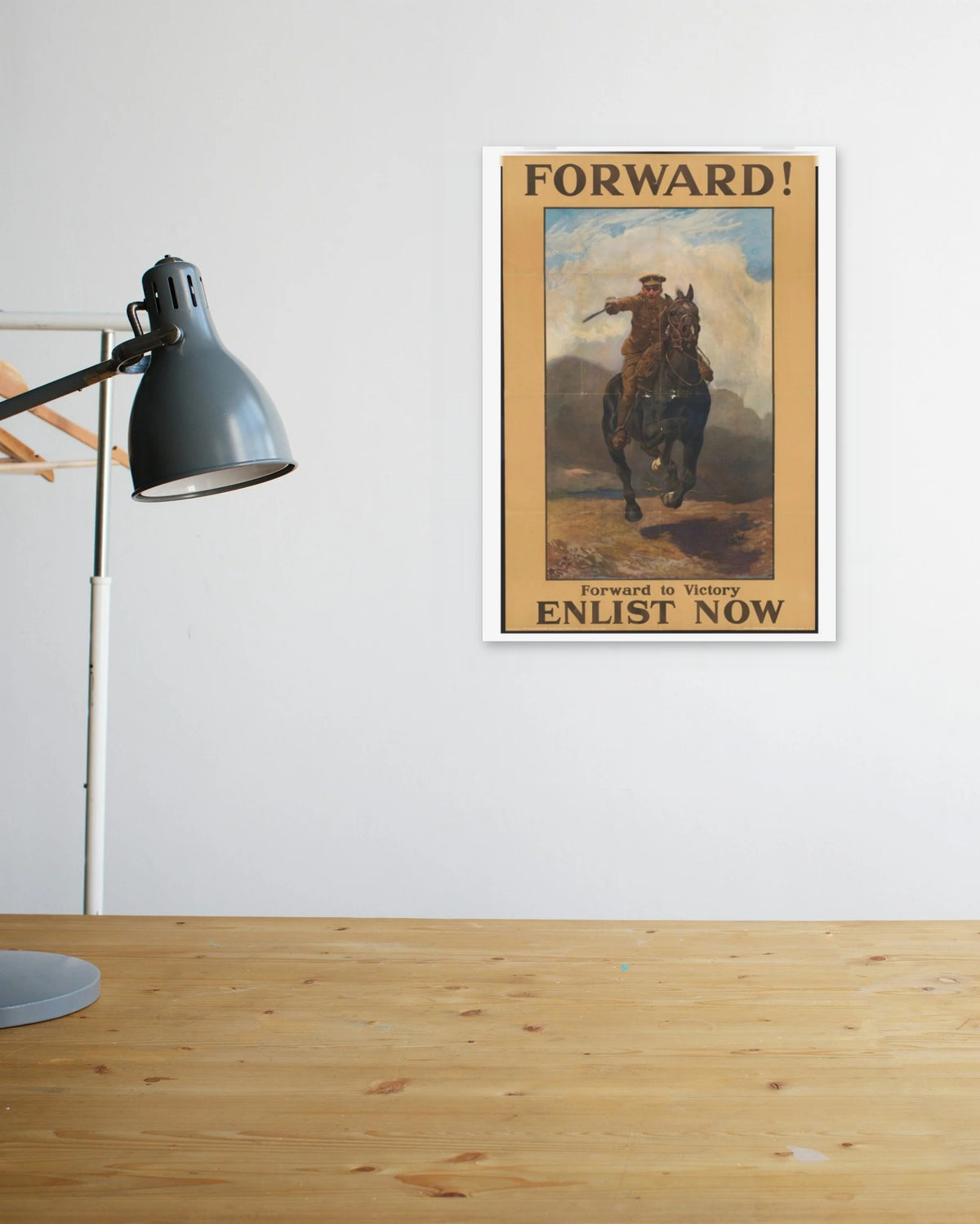 "Forward! Enlist Now" poster above a wooden desk