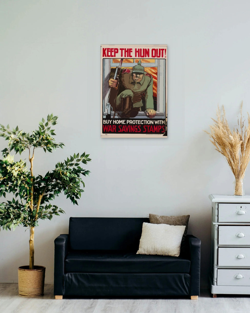 "Keep the Hun Out" poster on a living room wall