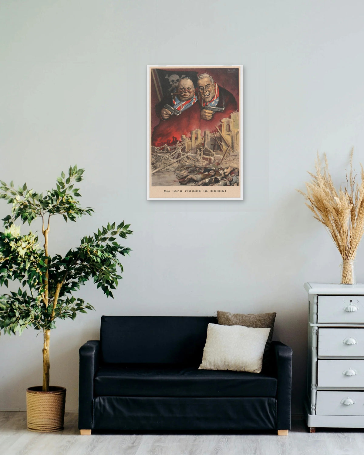 "On Them Rests the Blame!" poster on a living room wall