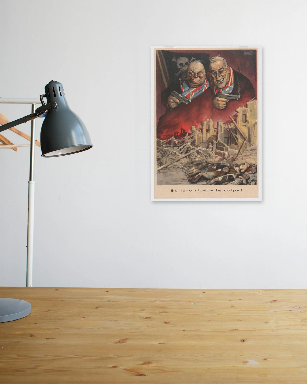 "On Them Rests the Blame!" poster above a wooden desk