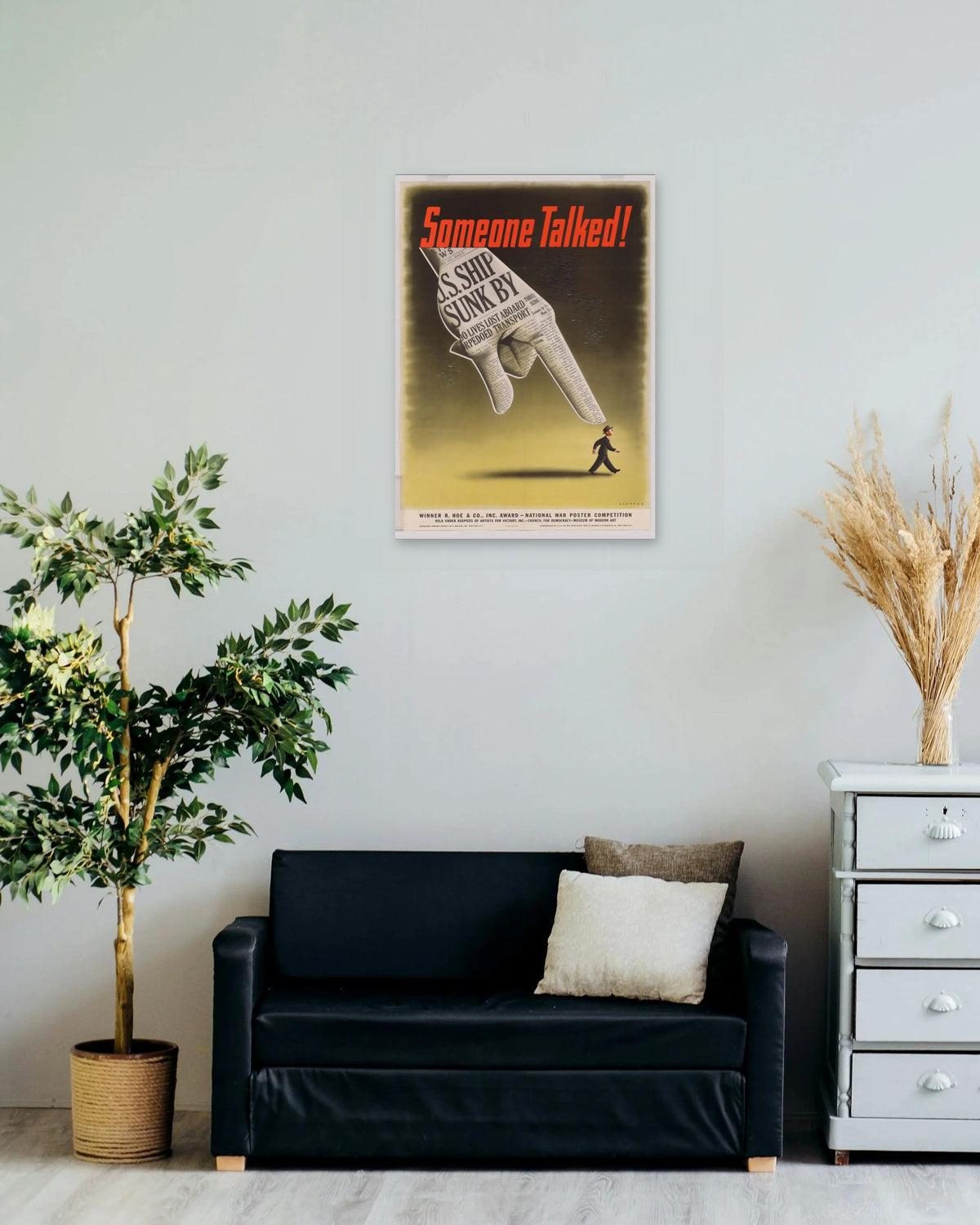 "Someone Talked!" poster on a living room wall