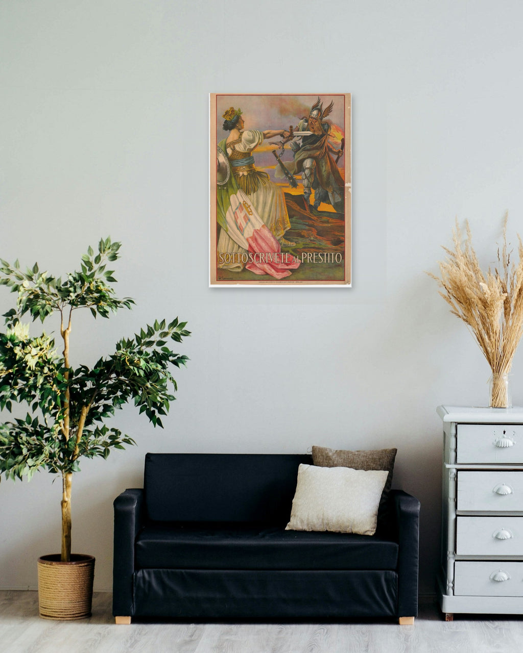"Sottoscrivete al Prestito" poster on a living room wall