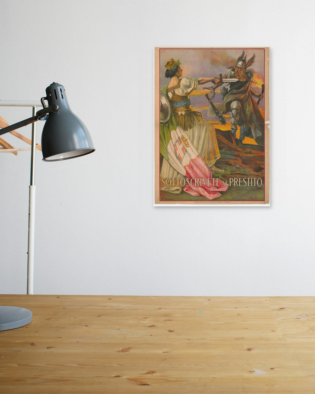 "Sottoscrivete al Prestito" poster above a wooden desk