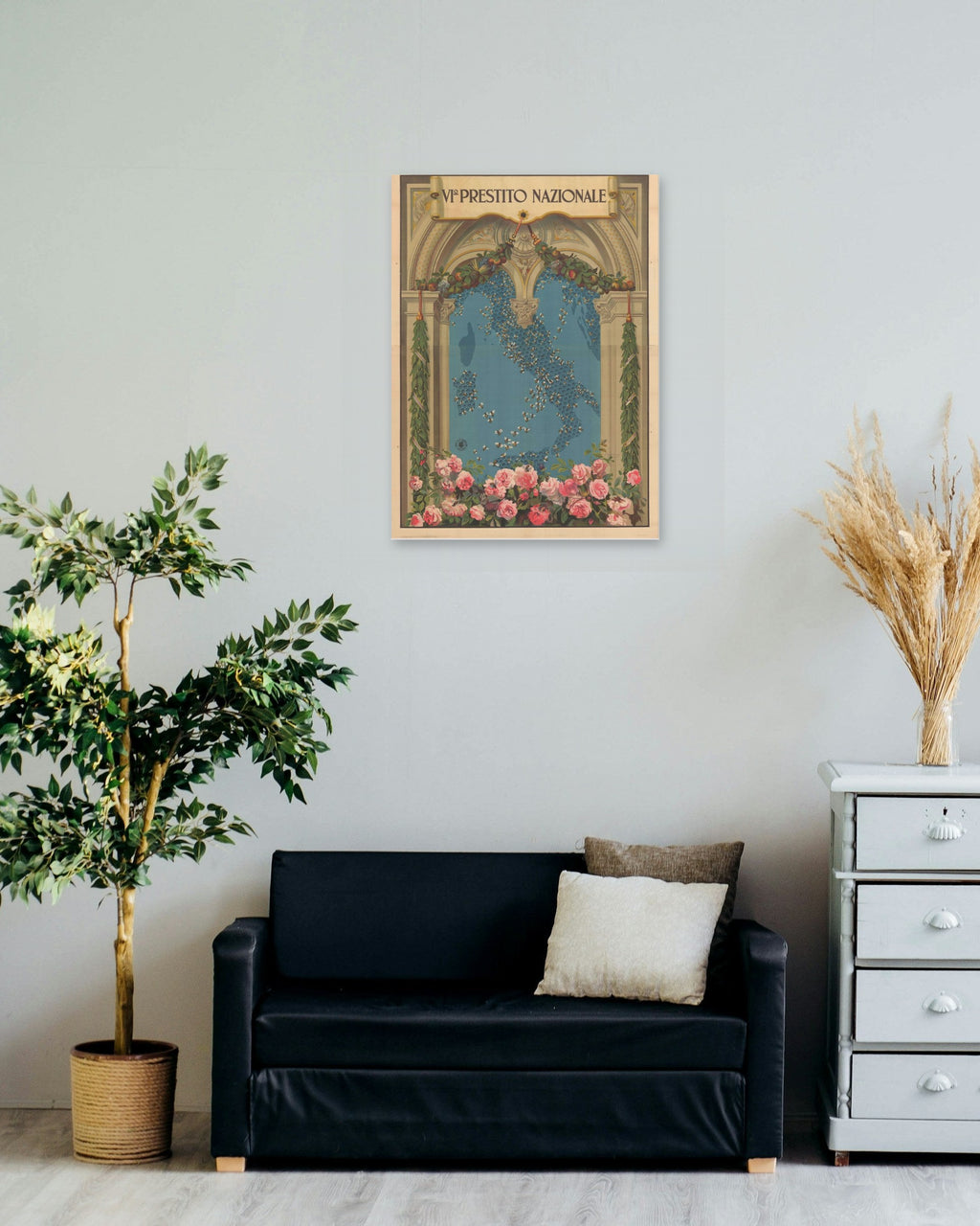 "VI Prestito Nazionale" poster on a living room wall