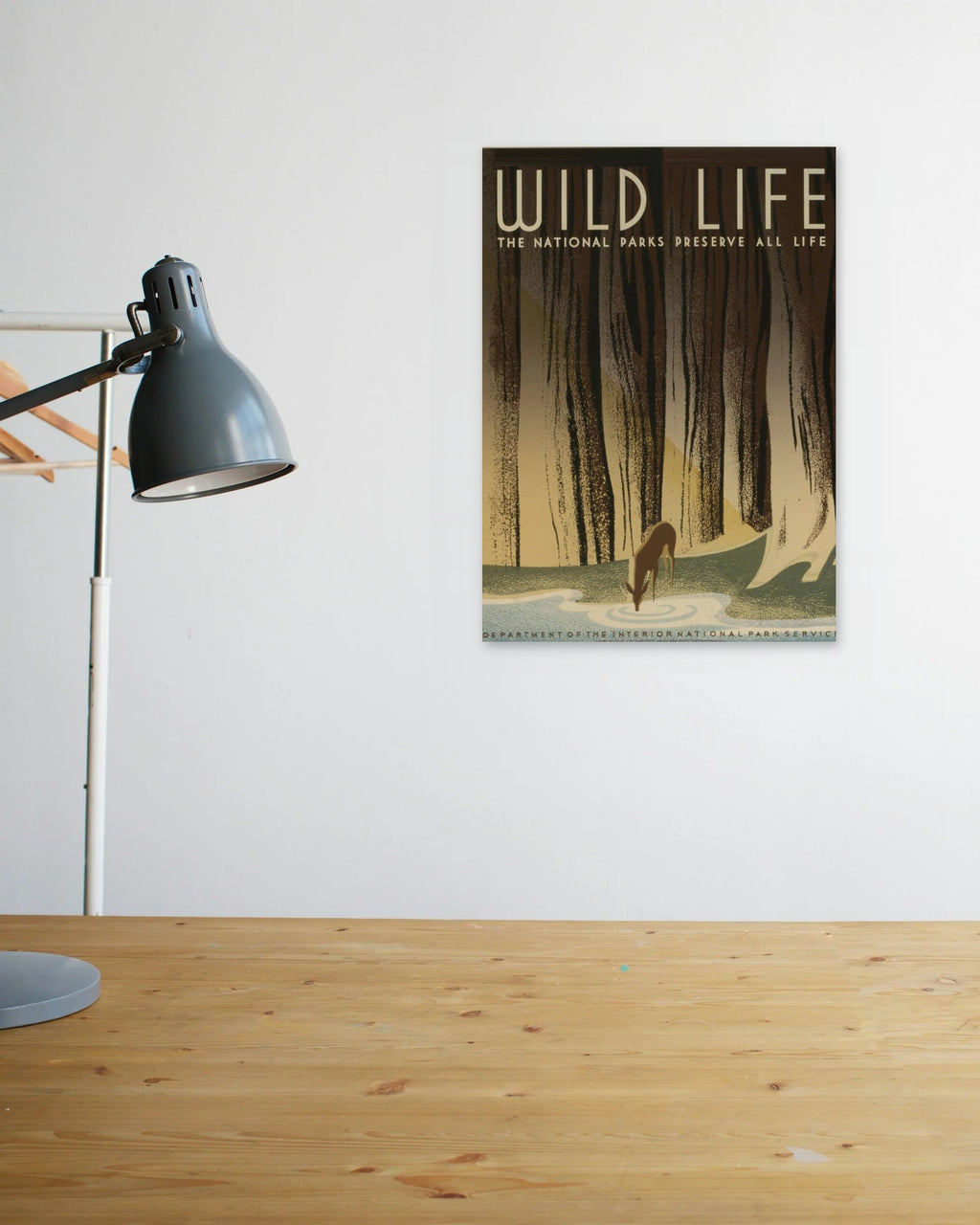 "Wild Life – The National Parks Preserve All Life" poster above a wooden desk