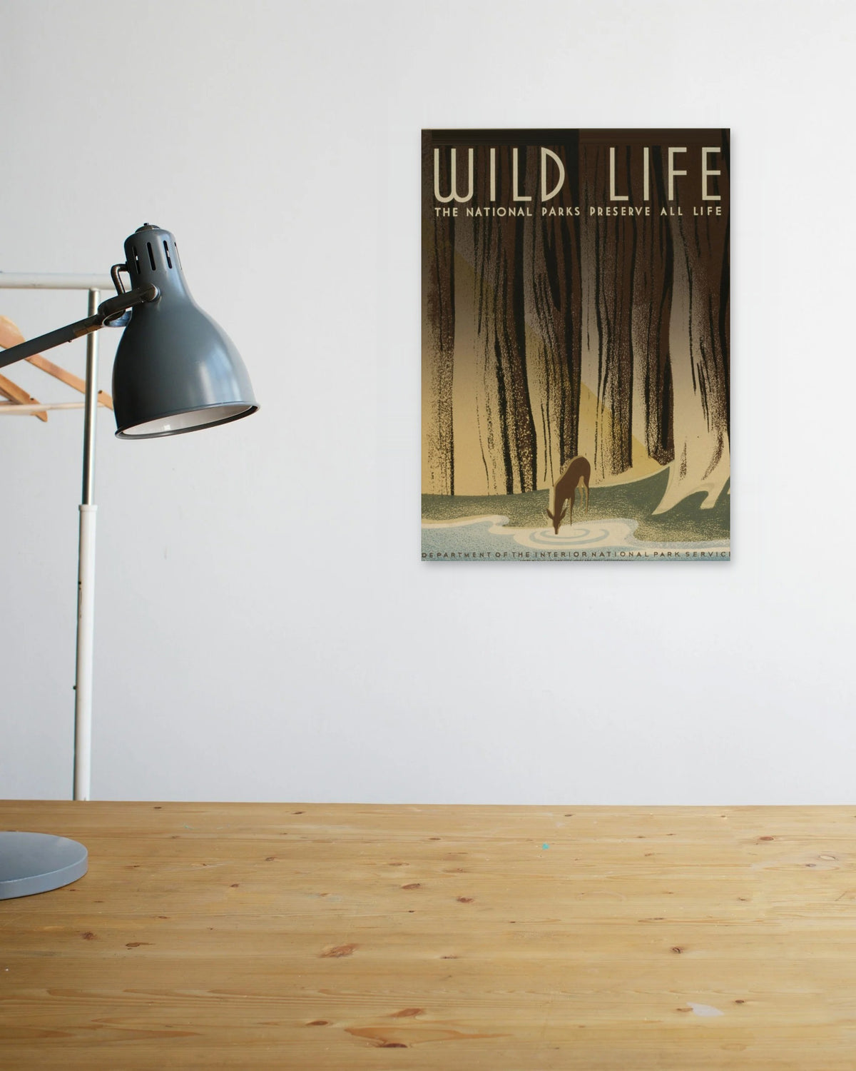"Wild Life – The National Parks Preserve All Life" poster above a wooden desk