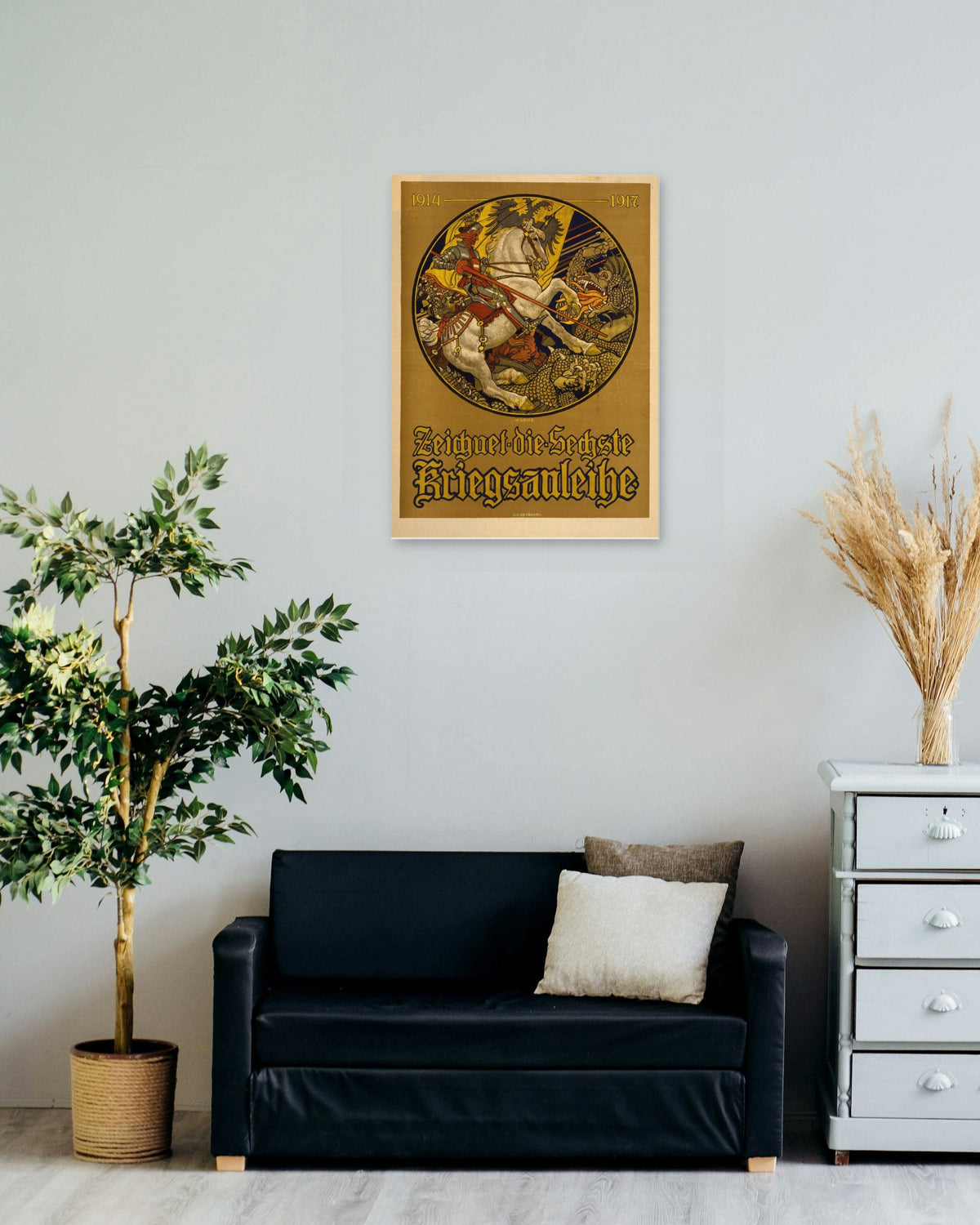 "Zeichnet die Sechste Kriegsanleihe" poster on a living room wall